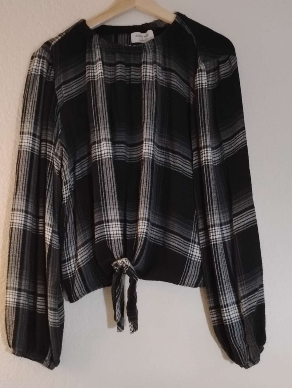 Cloth + Stone Anthropology Black and White Plaid Tie-Front Fall Oversized Blouse